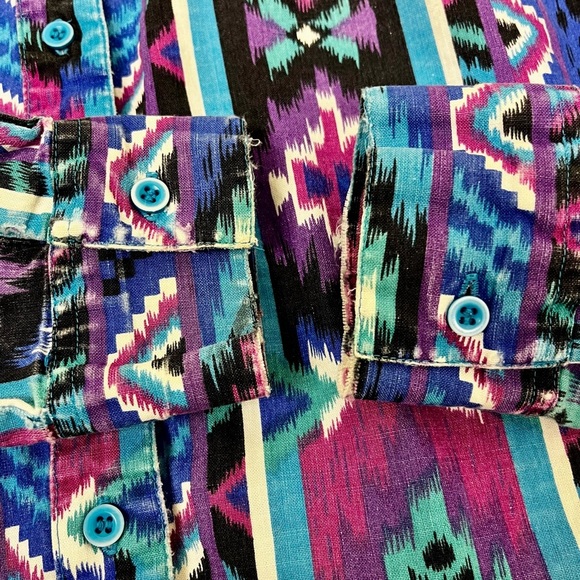 Wrangler Vintage 90s Purple/ Turquoise Southwestern /Aztec Striped Button Up (L) - Picture 6 of 8